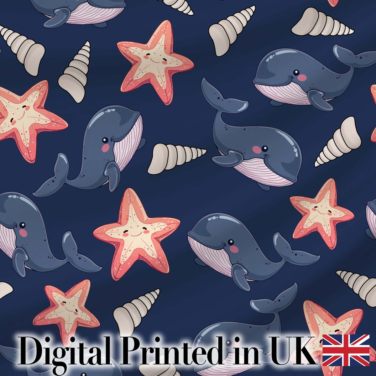 Cute Kawaii Whale Starfish Seashell Ocean Animals Navy Background  Pattern Digital Print Fabric by the Metre UK Sewing Quilting Textile