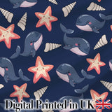 Cute Kawaii Whale Starfish Seashell Ocean Animals Navy Background  Pattern Digital Print Fabric by the Metre UK Sewing Quilting Textile