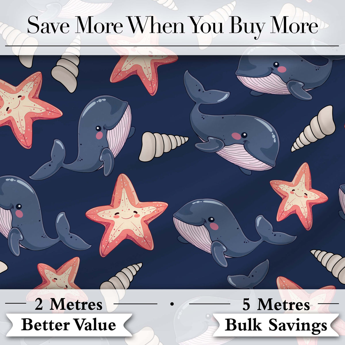 Cute Kawaii Whale Starfish Seashell Ocean Animals Navy Background  Pattern Digital Print Fabric by the Metre UK Sewing Quilting Textile