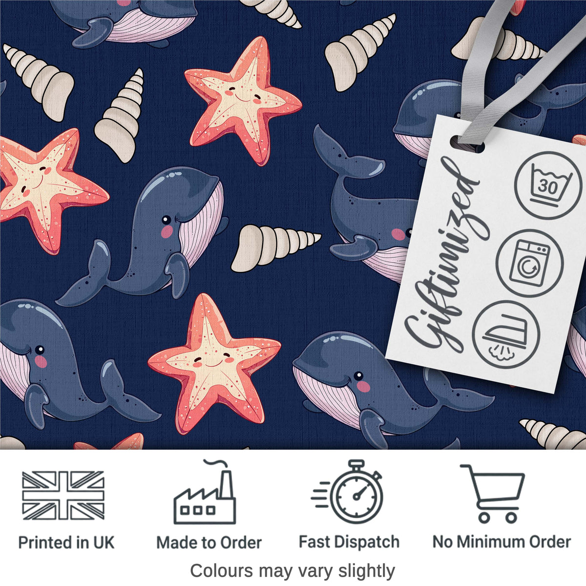 Cute Kawaii Whale Starfish Seashell Ocean Animals Navy Background  Pattern Digital Print Fabric by the Metre UK Sewing Quilting Textile