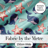 Cute Kawaii Whale Starfish Seashell Ocean Animals Mint Background  Pattern Digital Print Fabric by the Metre UK Sewing Quilting Textile