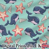 Cute Kawaii Whale Starfish Seashell Ocean Animals Mint Background  Pattern Digital Print Fabric by the Metre UK Sewing Quilting Textile