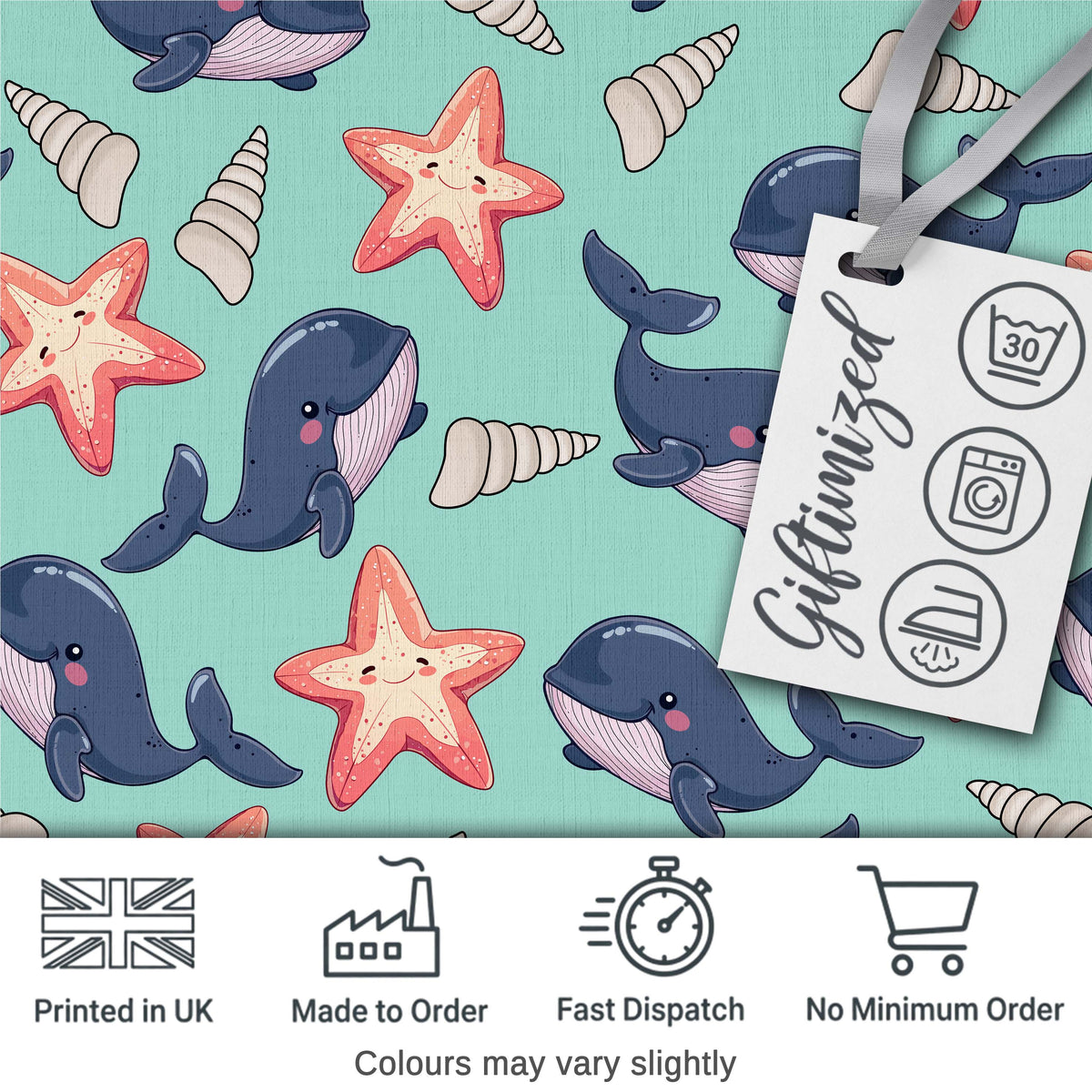 Cute Kawaii Whale Starfish Seashell Ocean Animals Mint Background  Pattern Digital Print Fabric by the Metre UK Sewing Quilting Textile