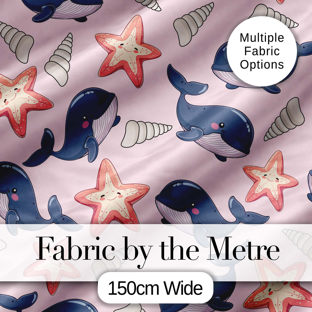 Cute Kawaii Whale Starfish Seashell Ocean Animals Pink Background  Pattern Digital Print Fabric by the Metre UK Sewing Quilting Textile