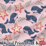 Cute Kawaii Whale Starfish Seashell Ocean Animals Pink Background  Pattern Digital Print Fabric by the Metre UK Sewing Quilting Textile