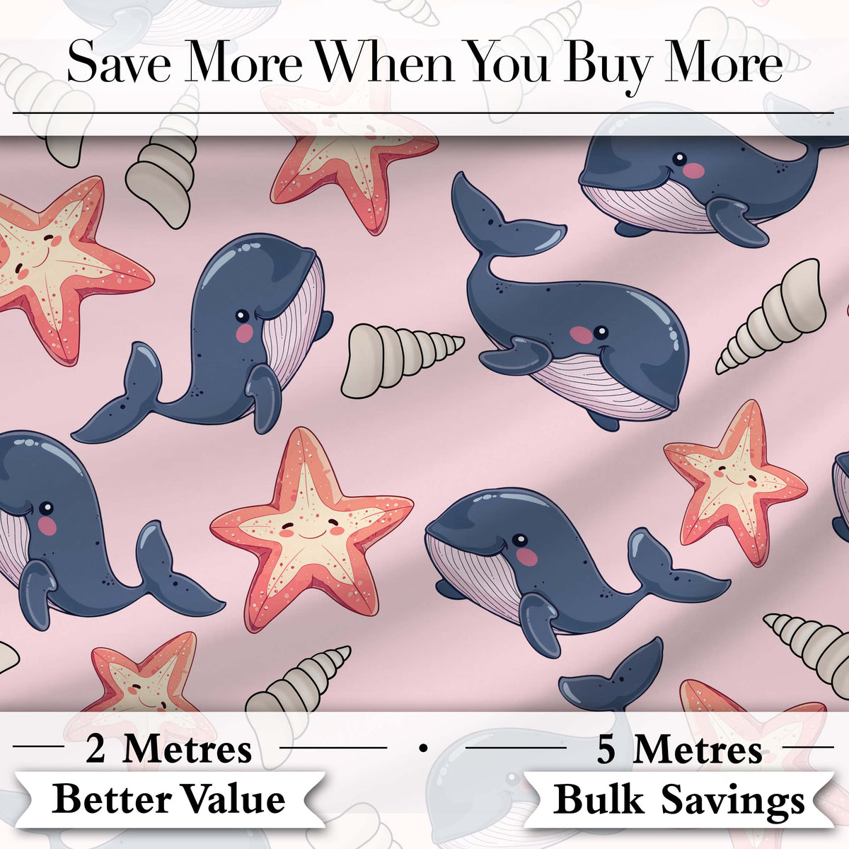 Cute Kawaii Whale Starfish Seashell Ocean Animals Pink Background  Pattern Digital Print Fabric by the Metre UK Sewing Quilting Textile
