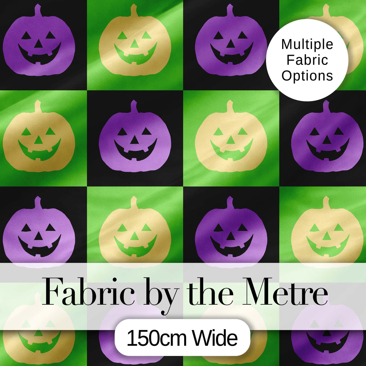 Cute Halloween Pumpkin Faces Green Black Checker Seamless Pattern Digital Print Fabric by the Metre UK Sewing Quilting Textile