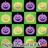 Cute Halloween Pumpkin Faces Green Black Checker Seamless Pattern Digital Print Fabric by the Metre UK Sewing Quilting Textile