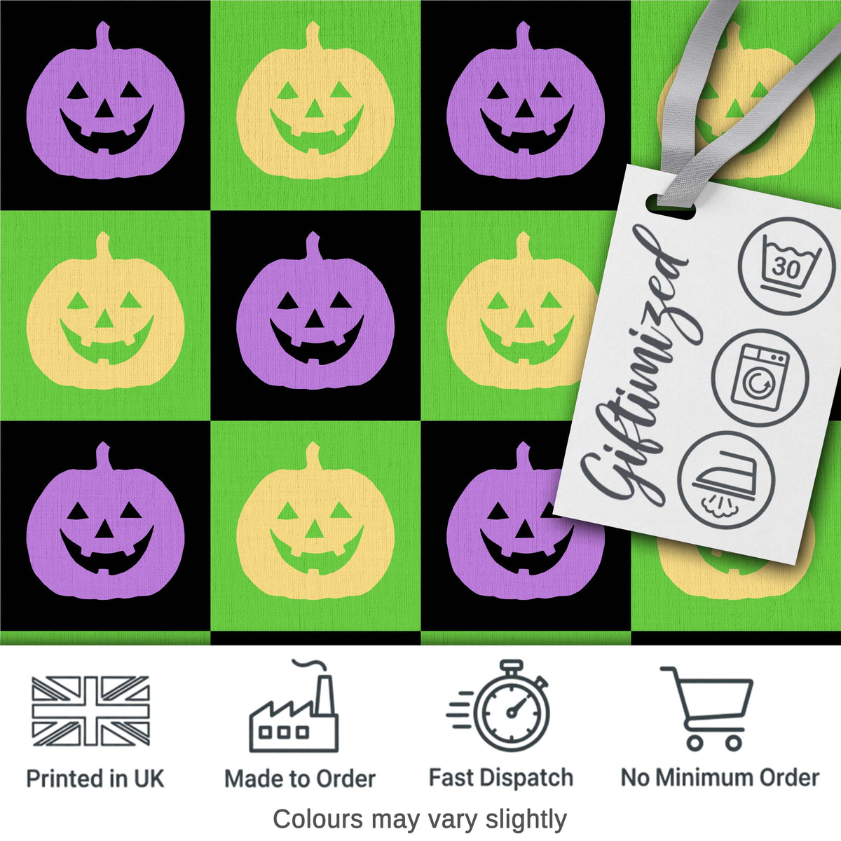Cute Halloween Pumpkin Faces Green Black Checker Seamless Pattern Digital Print Fabric by the Metre UK Sewing Quilting Textile