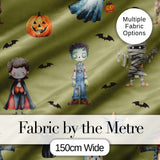Cute Halloween Kids Characters Zombie Vampire Bats Pumpkin Olive Background   Digital Print Fabric by the Metre UK Sewing Quilting Textile