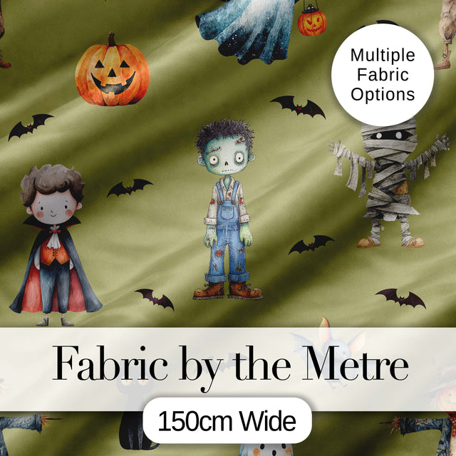Cute Halloween Kids Characters Zombie Vampire Bats Pumpkin Olive Background   Digital Print Fabric by the Metre UK Sewing Quilting Textile