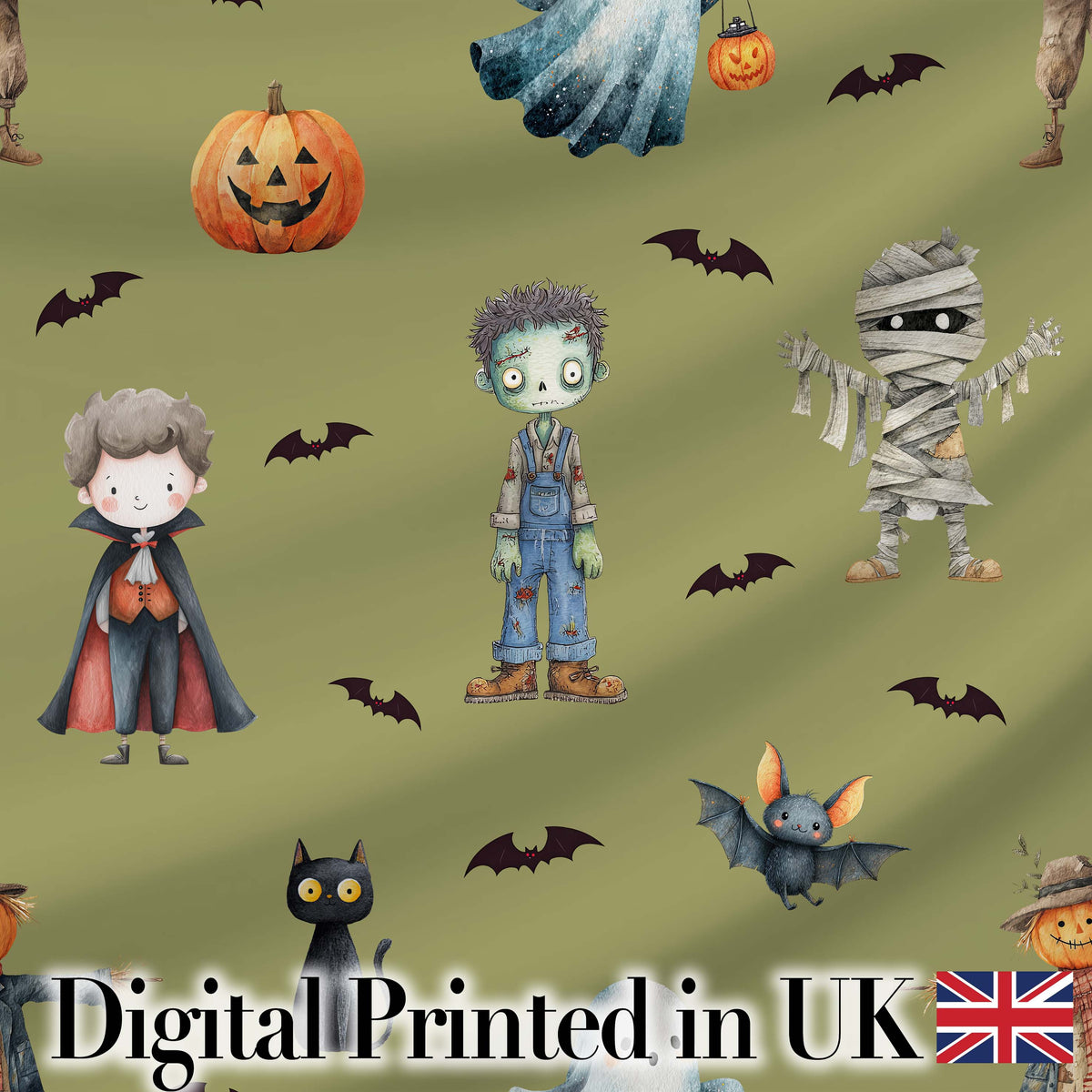 Cute Halloween Kids Characters Zombie Vampire Bats Pumpkin Olive Background   Digital Print Fabric by the Metre UK Sewing Quilting Textile