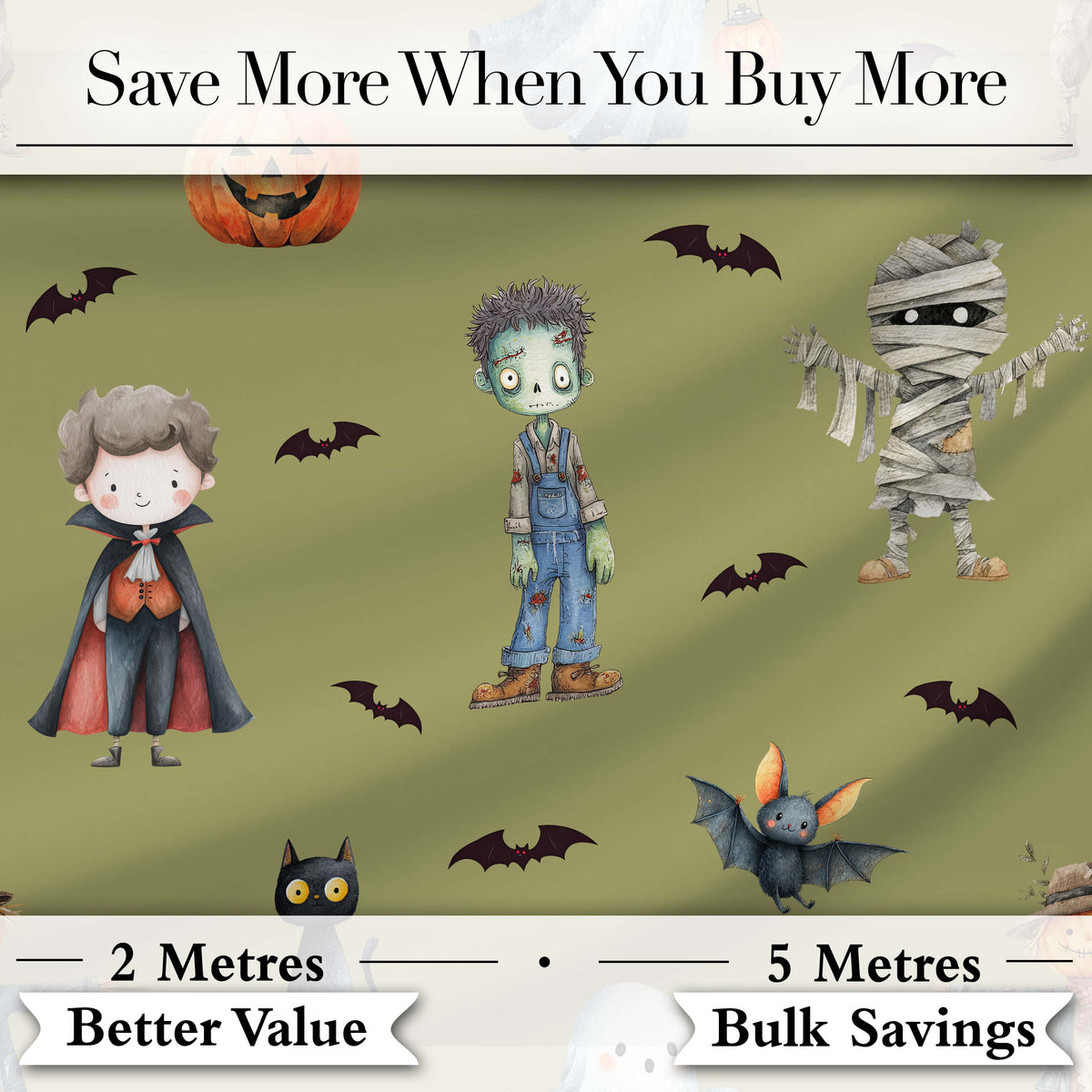 Cute Halloween Kids Characters Zombie Vampire Bats Pumpkin Olive Background   Digital Print Fabric by the Metre UK Sewing Quilting Textile