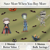 Cute Halloween Kids Characters Zombie Vampire Bats Pumpkin Olive Background   Digital Print Fabric by the Metre UK Sewing Quilting Textile