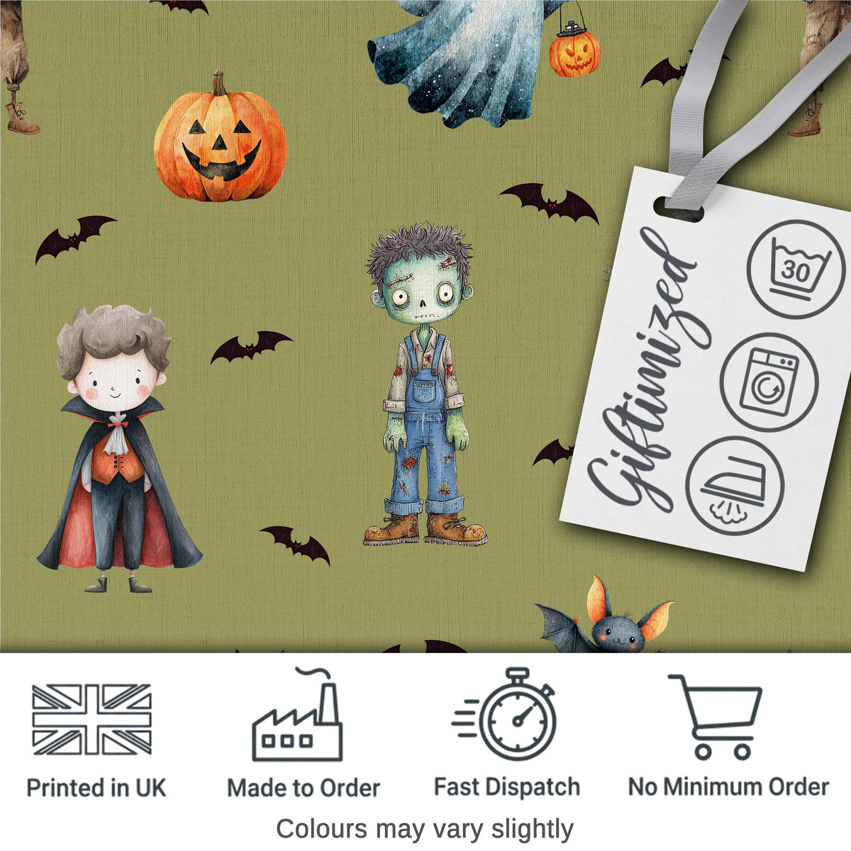 Cute Halloween Kids Characters Zombie Vampire Bats Pumpkin Olive Background   Digital Print Fabric by the Metre UK Sewing Quilting Textile