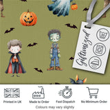 Cute Halloween Kids Characters Zombie Vampire Bats Pumpkin Olive Background   Digital Print Fabric by the Metre UK Sewing Quilting Textile
