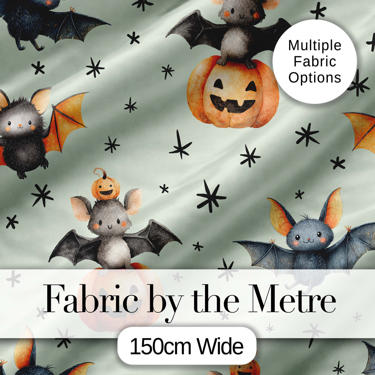 Cute Halloween Bats Sitting on Pumpkins with Stars Sage Background  Pattern Digital Print Fabric by the Metre UK Sewing Quilting Textile