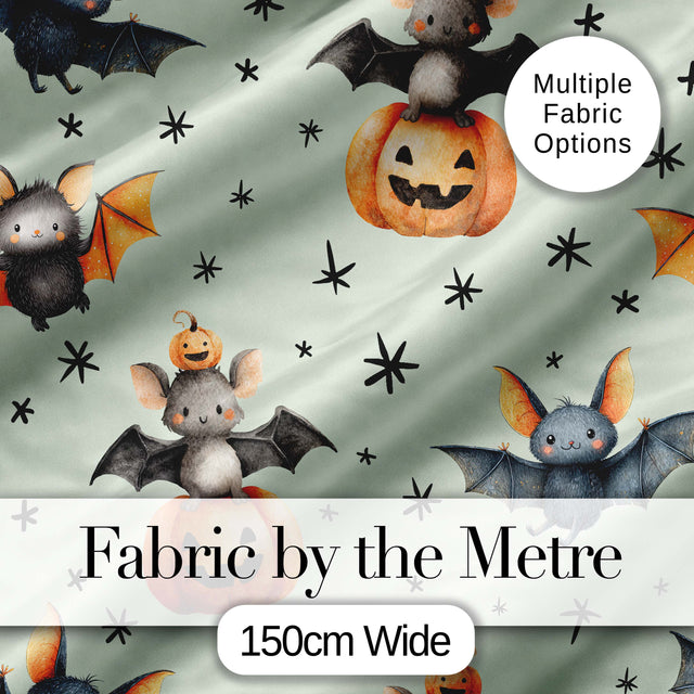 Cute Halloween Bats Sitting on Pumpkins with Stars Sage Background  Pattern Digital Print Fabric by the Metre UK Sewing Quilting Textile