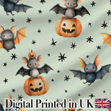 Cute Halloween Bats Sitting on Pumpkins with Stars Sage Background  Pattern Digital Print Fabric by the Metre UK Sewing Quilting Textile