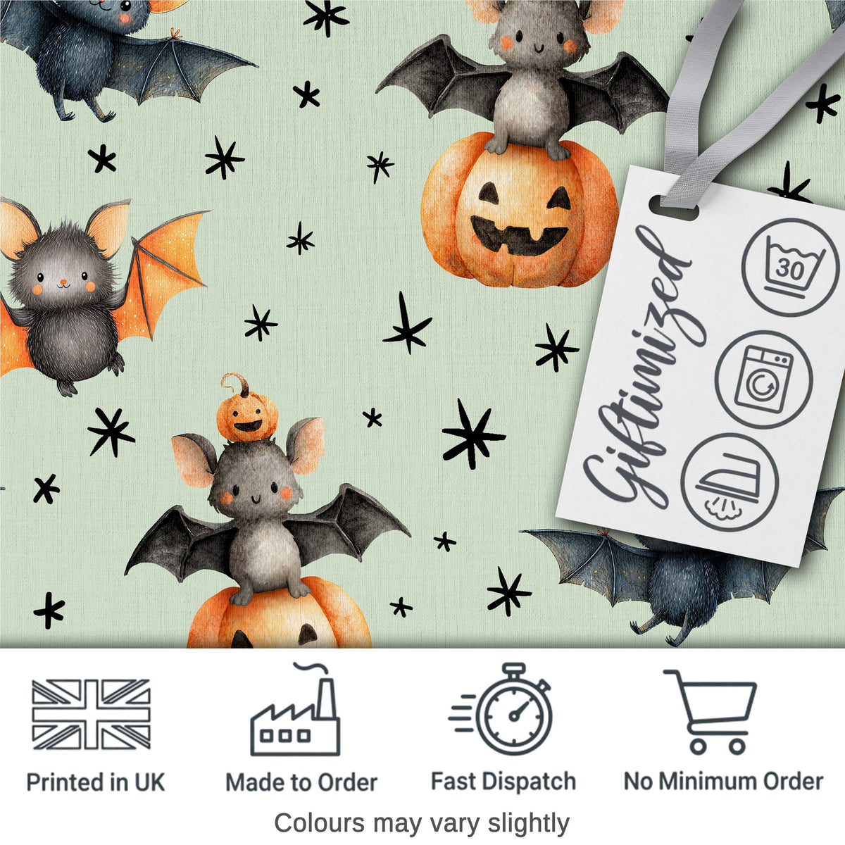 Cute Halloween Bats Sitting on Pumpkins with Stars Sage Background  Pattern Digital Print Fabric by the Metre UK Sewing Quilting Textile
