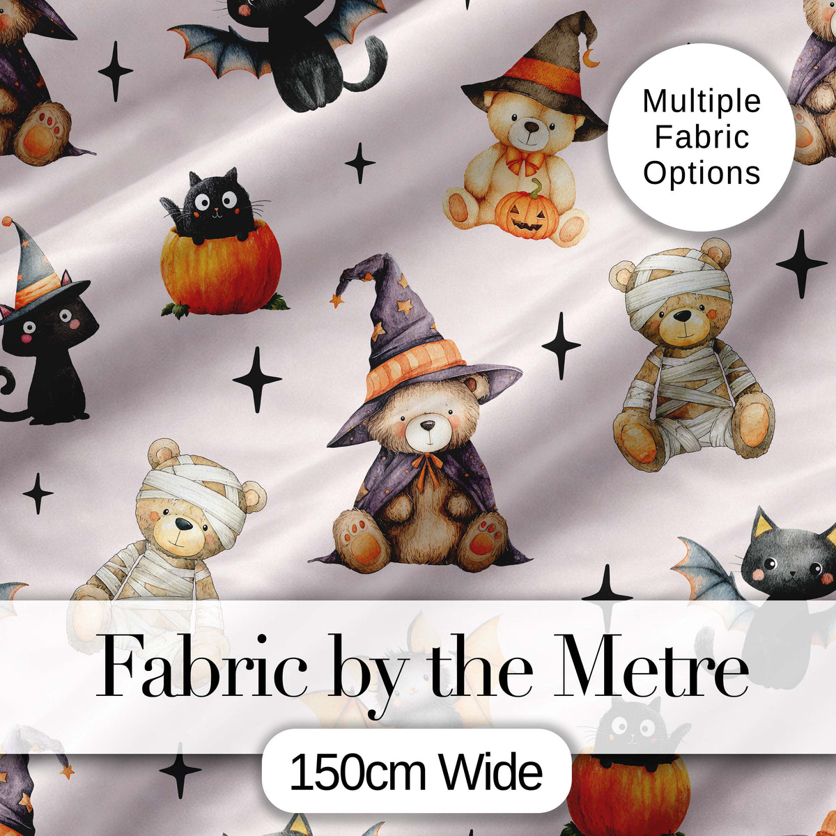 Cute Halloween Teddy Bears Mummy Witch Cat Pumpkin Stars Pink Background   Digital Print Fabric by the Metre UK Sewing Quilting Textile
