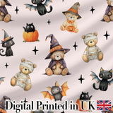 Cute Halloween Teddy Bears Mummy Witch Cat Pumpkin Stars Pink Background   Digital Print Fabric by the Metre UK Sewing Quilting Textile
