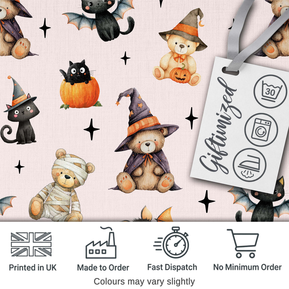 Cute Halloween Teddy Bears Mummy Witch Cat Pumpkin Stars Pink Background   Digital Print Fabric by the Metre UK Sewing Quilting Textile