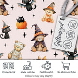 Cute Halloween Teddy Bears Mummy Witch Cat Pumpkin Stars Pink Background   Digital Print Fabric by the Metre UK Sewing Quilting Textile