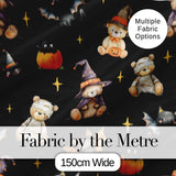 Cute Halloween Teddy Bears Mummy Witch Cat Pumpkin Stars Black Background   Digital Print Fabric by the Metre UK Sewing Quilting Textile