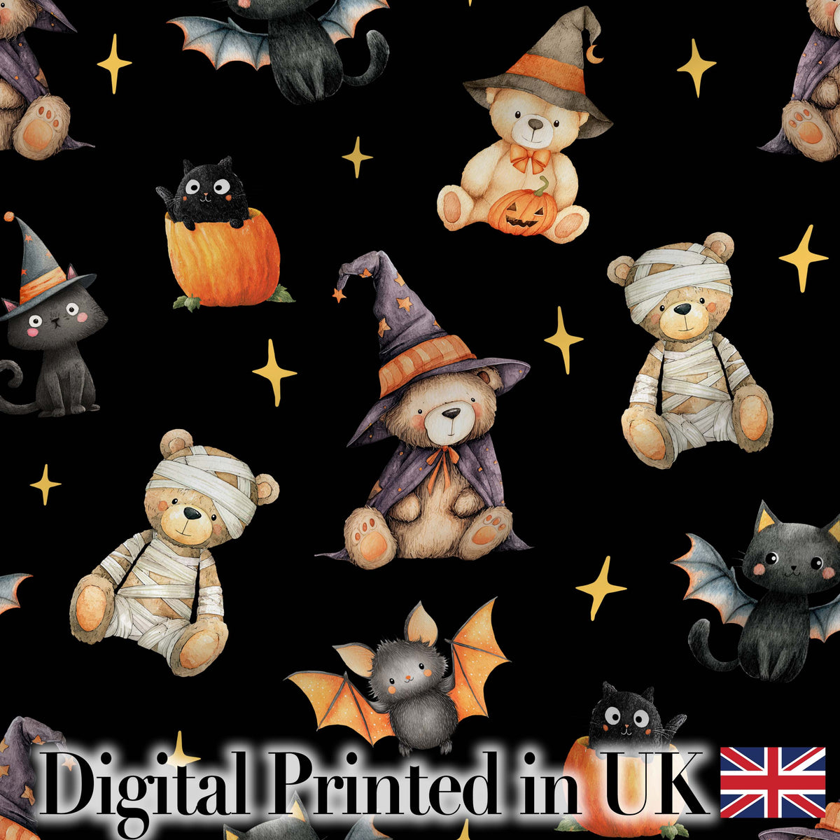 Cute Halloween Teddy Bears Mummy Witch Cat Pumpkin Stars Black Background   Digital Print Fabric by the Metre UK Sewing Quilting Textile