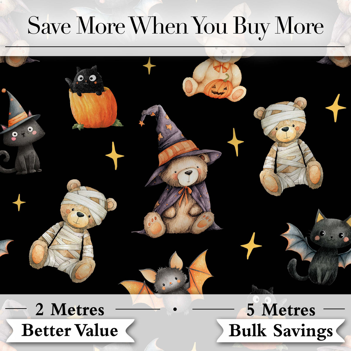Cute Halloween Teddy Bears Mummy Witch Cat Pumpkin Stars Black Background   Digital Print Fabric by the Metre UK Sewing Quilting Textile