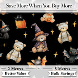 Cute Halloween Teddy Bears Mummy Witch Cat Pumpkin Stars Black Background   Digital Print Fabric by the Metre UK Sewing Quilting Textile