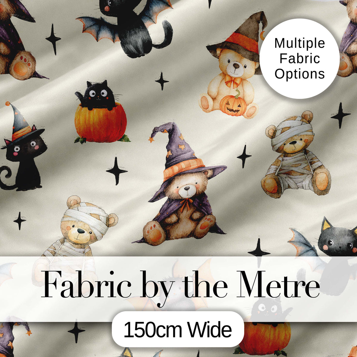 Cute Halloween Teddy Bears Mummy Witch Cat Pumpkin Stars Cream Background   Digital Print Fabric by the Metre UK Sewing Quilting Textile