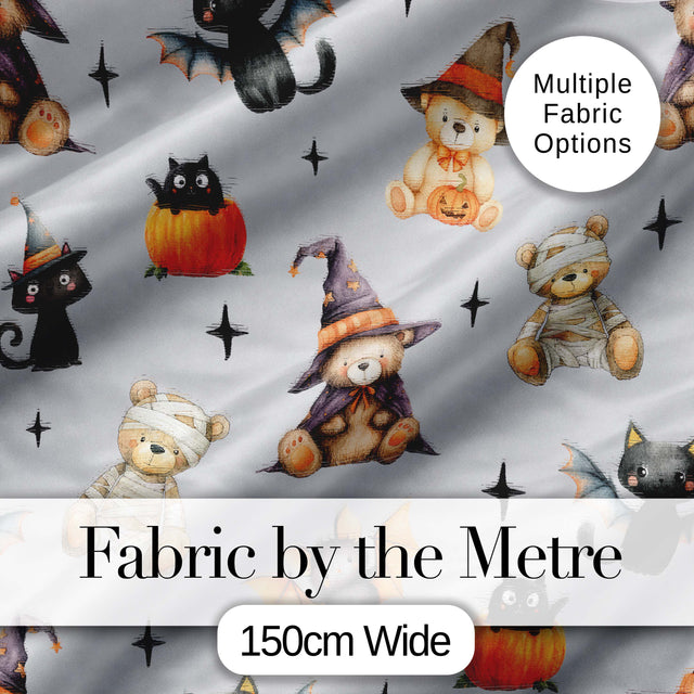 Cute Halloween Teddy Bears Mummy Witch Cat Pumpkin Stars Grey Background   Digital Print Fabric by the Metre UK Sewing Quilting Textile