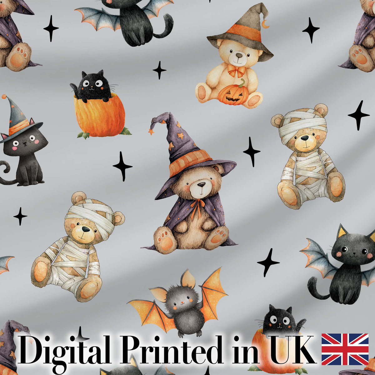 Cute Halloween Teddy Bears Mummy Witch Cat Pumpkin Stars Grey Background   Digital Print Fabric by the Metre UK Sewing Quilting Textile