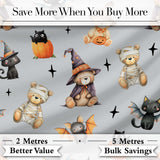 Cute Halloween Teddy Bears Mummy Witch Cat Pumpkin Stars Grey Background   Digital Print Fabric by the Metre UK Sewing Quilting Textile