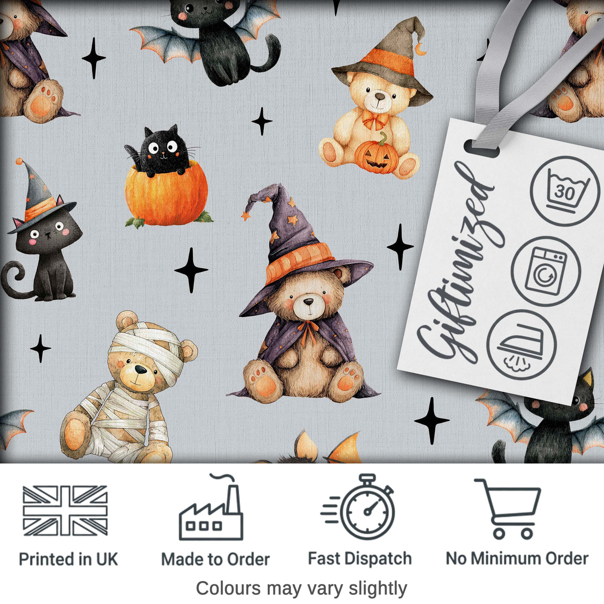 Cute Halloween Teddy Bears Mummy Witch Cat Pumpkin Stars Grey Background   Digital Print Fabric by the Metre UK Sewing Quilting Textile