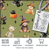 Cute Halloween Teddy Bears Mummy Witch Cat Pumpkin Stars Olive Background   Digital Print Fabric by the Metre UK Sewing Quilting Textile