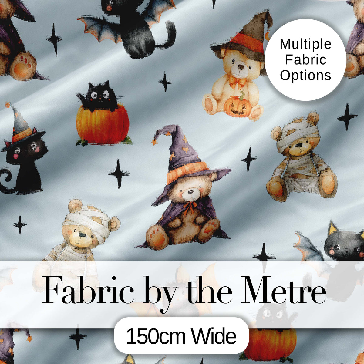 Cute Halloween Teddy Bears Mummy Witch Cat Pumpkin Stars Blue Background   Digital Print Fabric by the Metre UK Sewing Quilting Textile