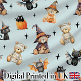 Cute Halloween Teddy Bears Mummy Witch Cat Pumpkin Stars Blue Background   Digital Print Fabric by the Metre UK Sewing Quilting Textile
