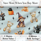 Cute Halloween Teddy Bears Mummy Witch Cat Pumpkin Stars Blue Background   Digital Print Fabric by the Metre UK Sewing Quilting Textile