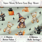 Cute Halloween Teddy Bears Mummy Witch Cat Pumpkin Stars Sage Background   Digital Print Fabric by the Metre UK Sewing Quilting Textile
