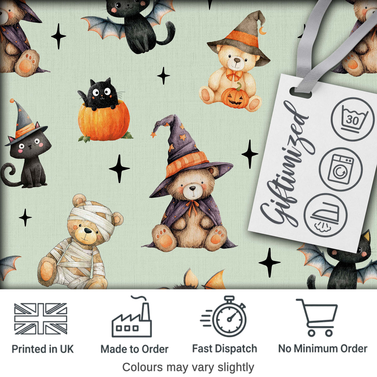 Cute Halloween Teddy Bears Mummy Witch Cat Pumpkin Stars Sage Background   Digital Print Fabric by the Metre UK Sewing Quilting Textile