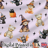 Cute Halloween Teddy Bears Mummy Witch Cat Pumpkin Stars Purple Background   Digital Print Fabric by the Metre UK Sewing Quilting Textile