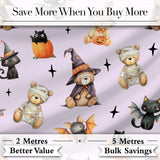 Cute Halloween Teddy Bears Mummy Witch Cat Pumpkin Stars Purple Background   Digital Print Fabric by the Metre UK Sewing Quilting Textile