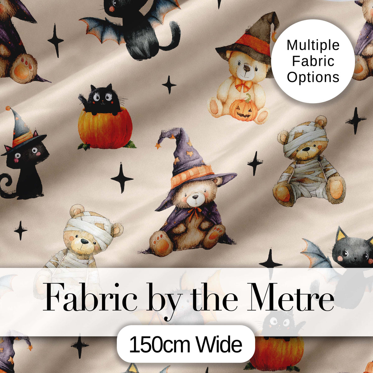 Cute Halloween Teddy Bears Mummy Witch Cat Pumpkin Stars Beige Background   Digital Print Fabric by the Metre UK Sewing Quilting Textile