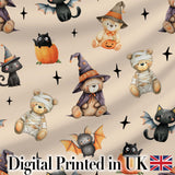 Cute Halloween Teddy Bears Mummy Witch Cat Pumpkin Stars Beige Background   Digital Print Fabric by the Metre UK Sewing Quilting Textile