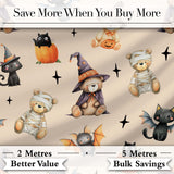 Cute Halloween Teddy Bears Mummy Witch Cat Pumpkin Stars Beige Background   Digital Print Fabric by the Metre UK Sewing Quilting Textile