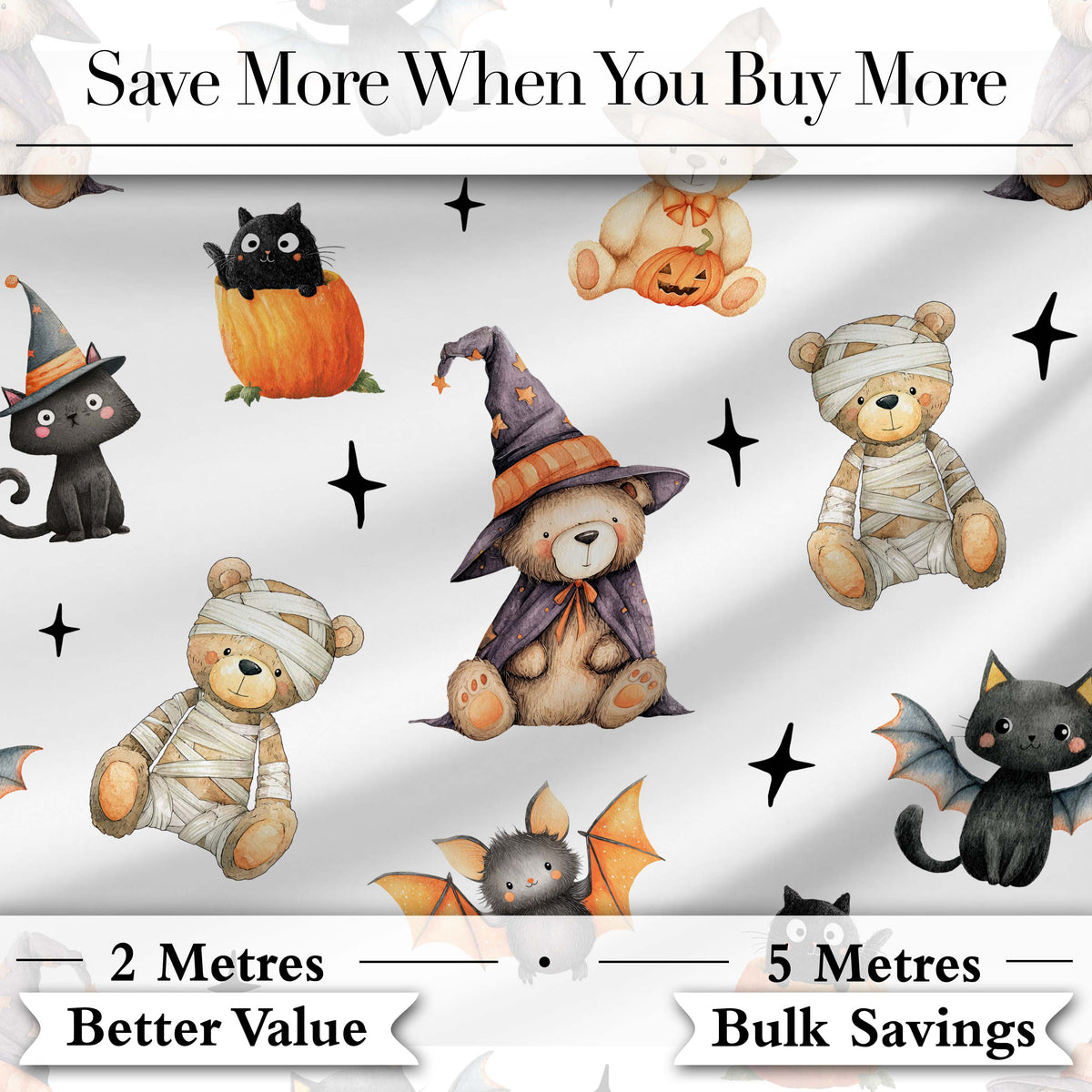 Cute Halloween Teddy Bears Bats Pumpkin UK Seamless Pattern Digital Print Fabric by the Metre UK Sewing Quilting Textile