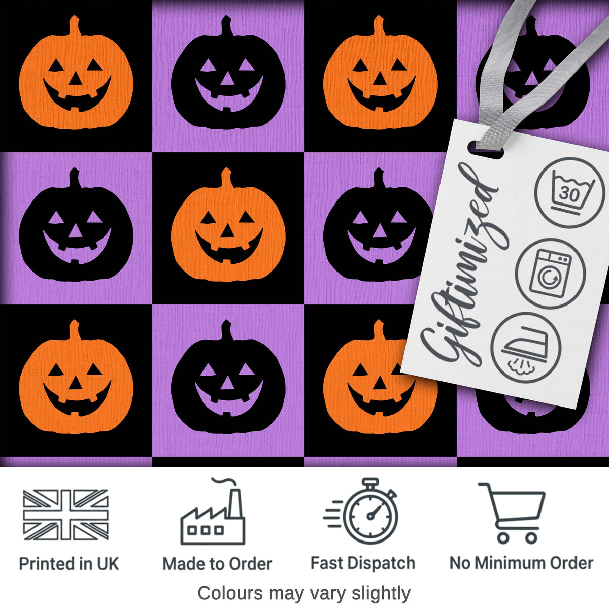 Black Orange Pumpkin Checkerboard Halloween Seamless Pattern UK Digital Print Fabric by the Metre UK Sewing Quilting Textile